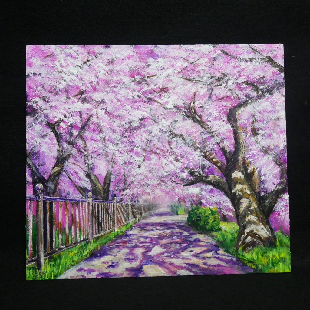 油彩画「満開の桜のトンネル」桜並木 春のインテリア
