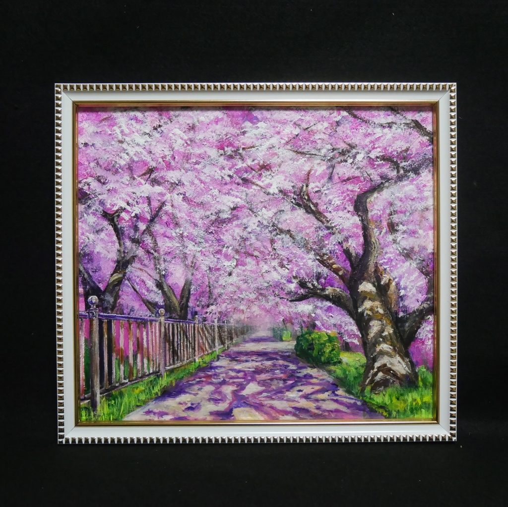 油彩画「満開の桜のトンネル」桜並木 春のインテリア