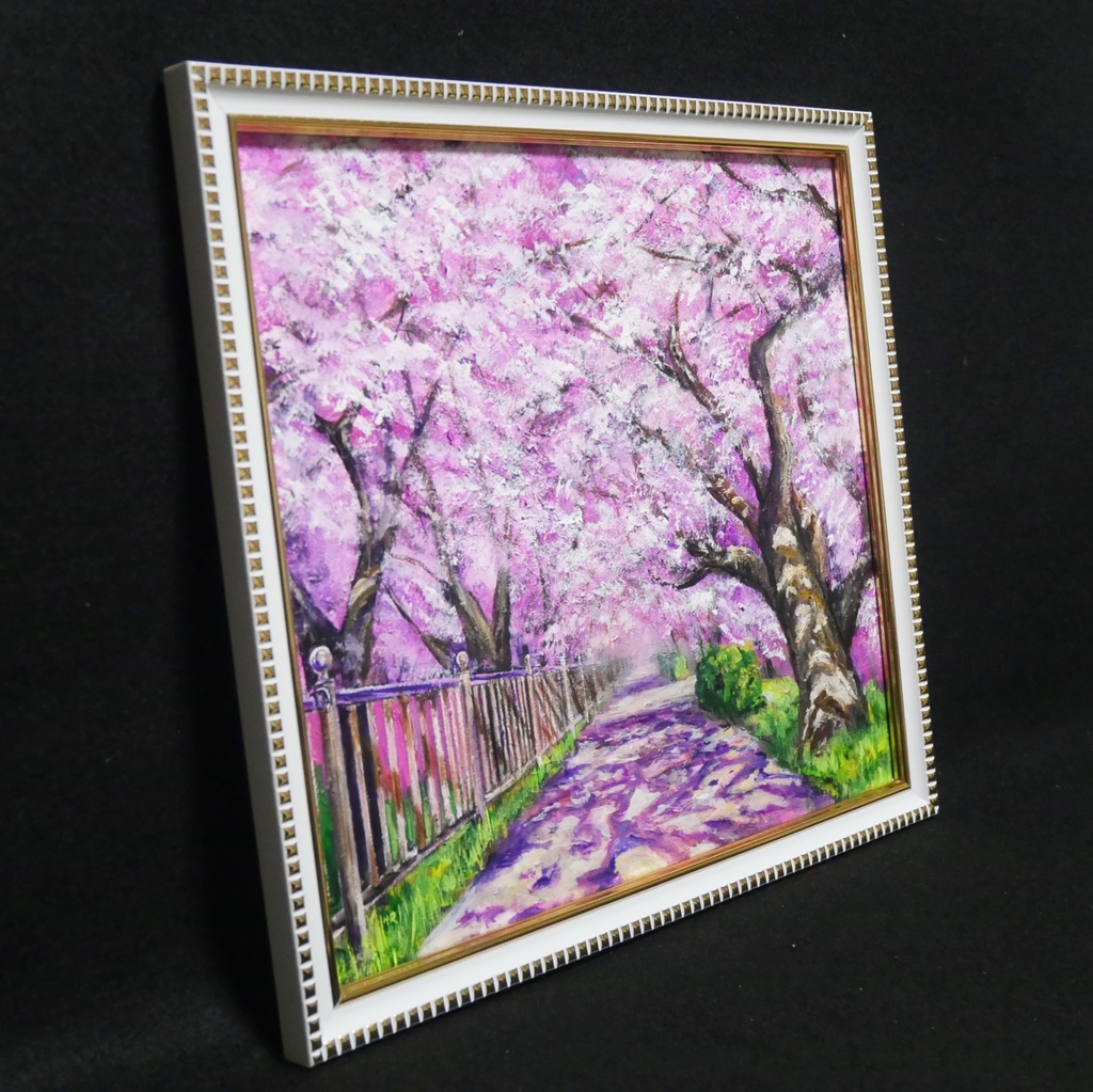 油彩画「満開の桜のトンネル」桜並木 春のインテリア