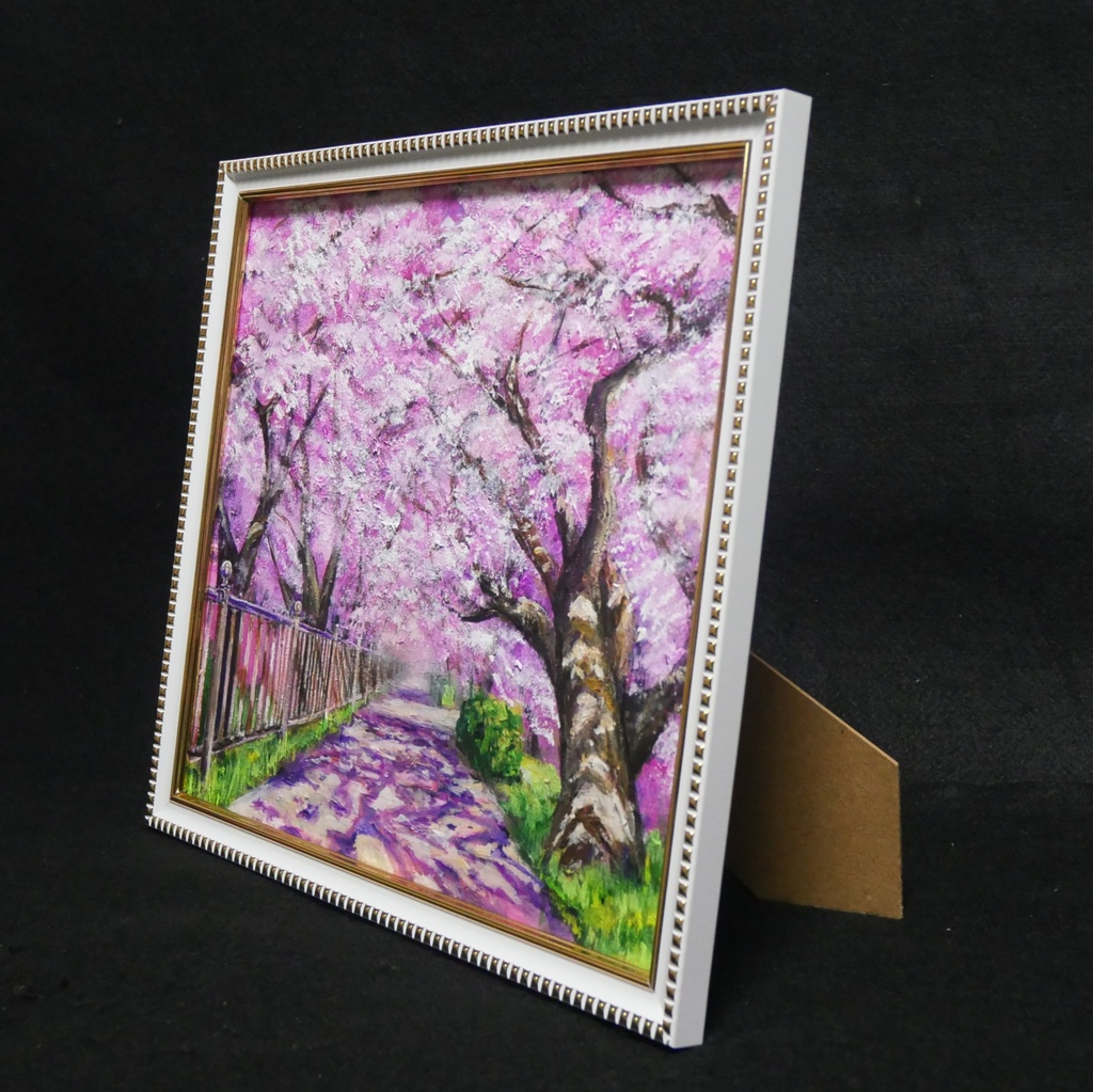 油彩画「満開の桜のトンネル」桜並木 春のインテリア