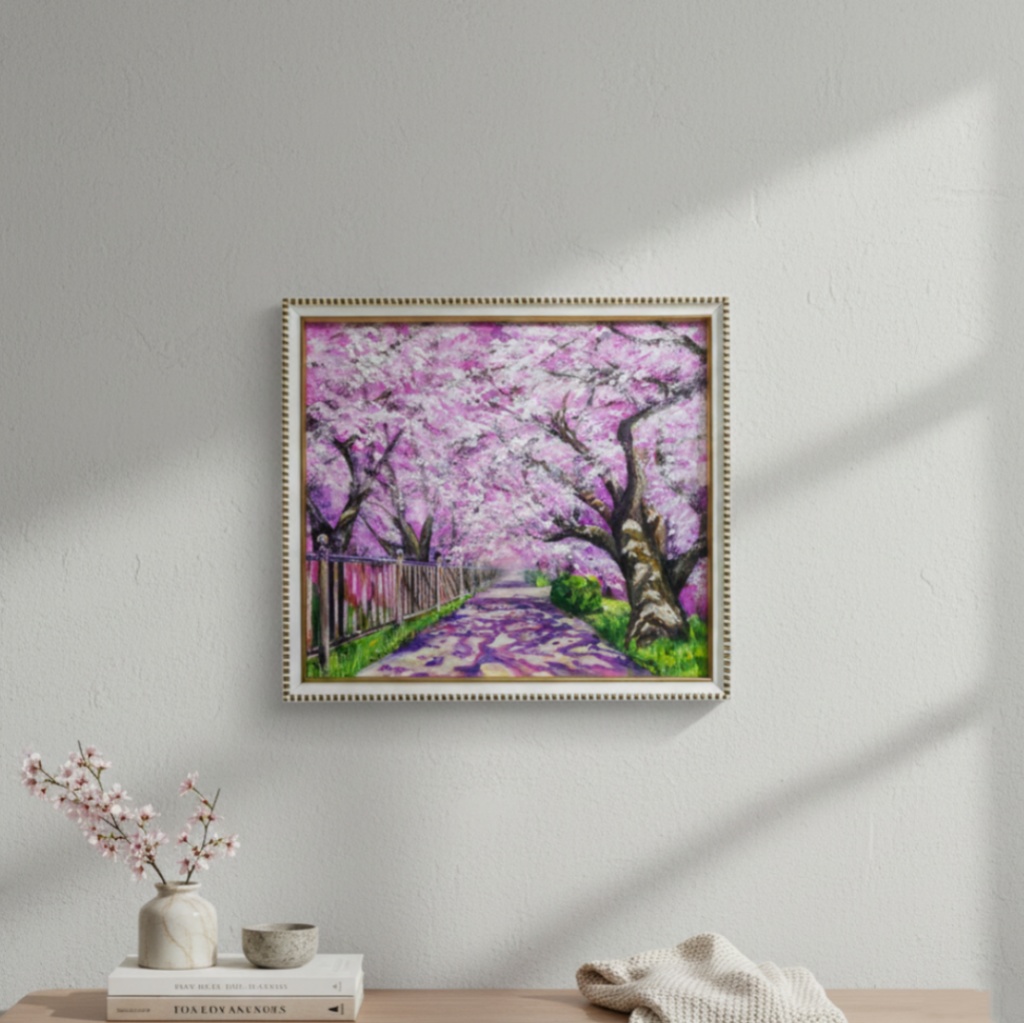 油彩画「満開の桜のトンネル」桜並木 春のインテリア
