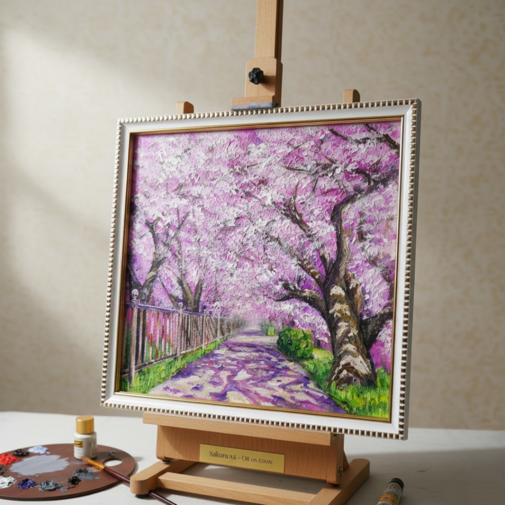 油彩画「満開の桜のトンネル」桜並木 春のインテリア