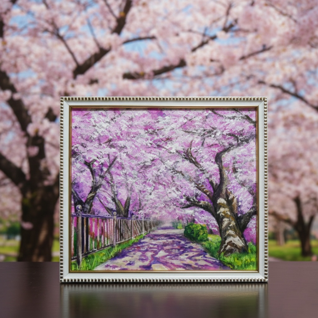 油彩画「満開の桜のトンネル」桜並木 春のインテリア