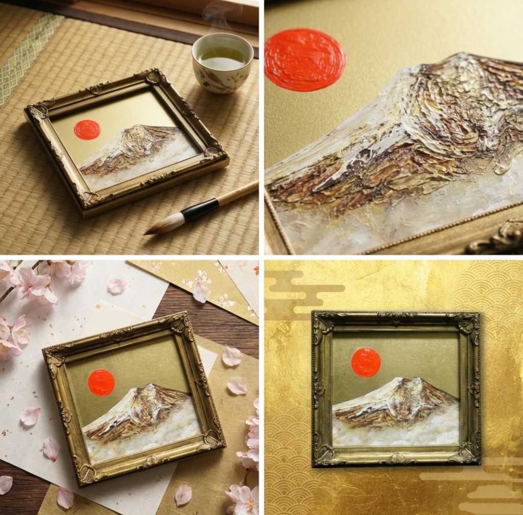 油絵 ミニ色紙絵画【黄金富士山】原画・一点物(インテリア、プレゼントにも)