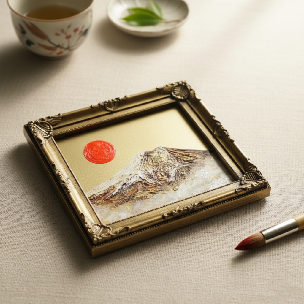 油絵 ミニ色紙絵画【黄金富士山】原画・一点物(インテリア、プレゼントにも)