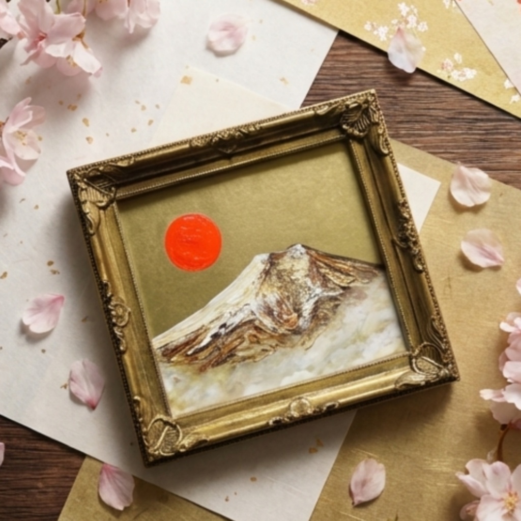 油絵 ミニ色紙絵画【黄金富士山】原画・一点物(インテリア、プレゼントにも)