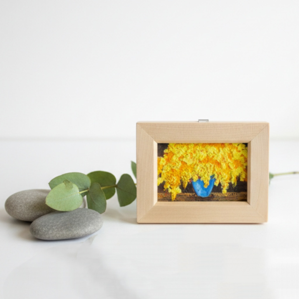 【原画】手描き 油絵「ミモザ」額縁付き ミニサイズ