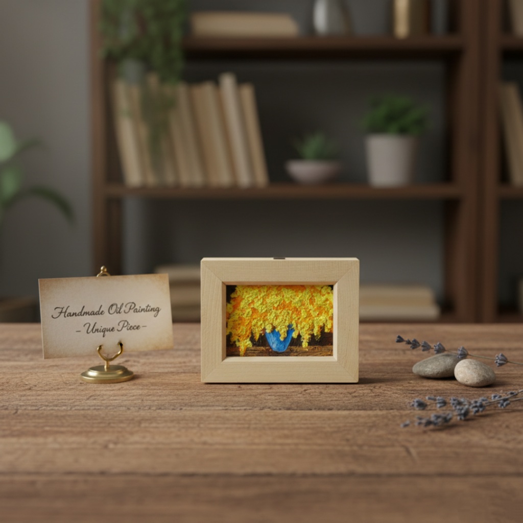 【原画】手描き 油絵「ミモザ」額縁付き ミニサイズ