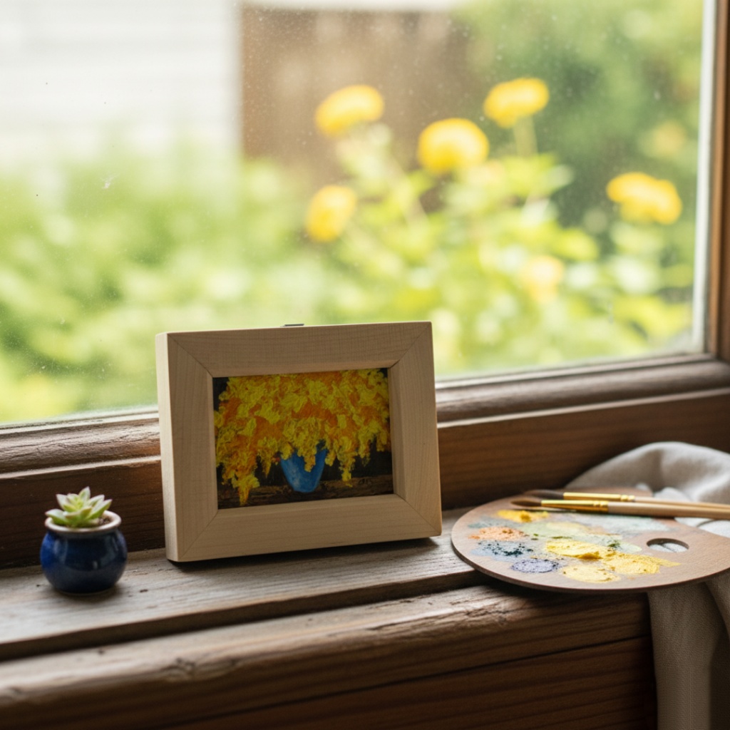 【原画】手描き 油絵「ミモザ」額縁付き ミニサイズ