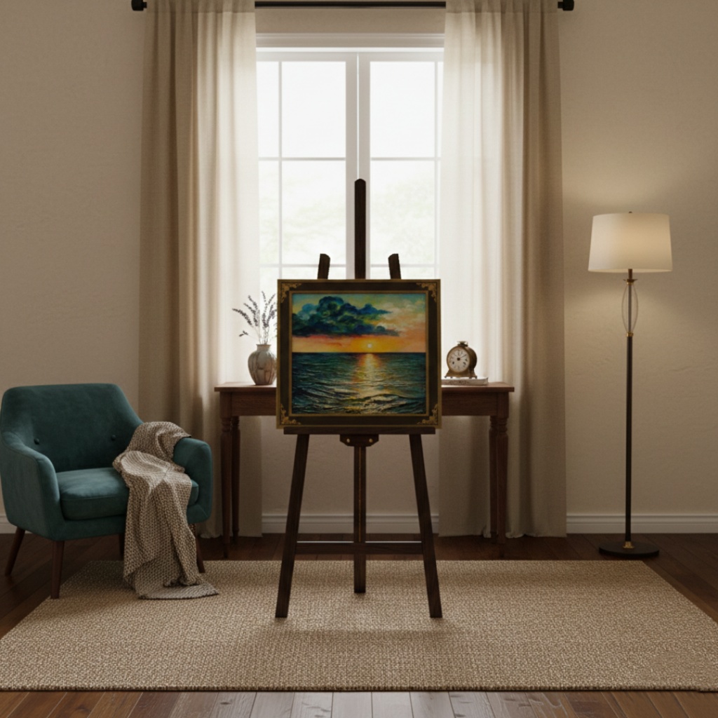 油絵【Sea at Dusk】夕暮れの海 | フレーム付 原画 玄関・寝室の彩りに