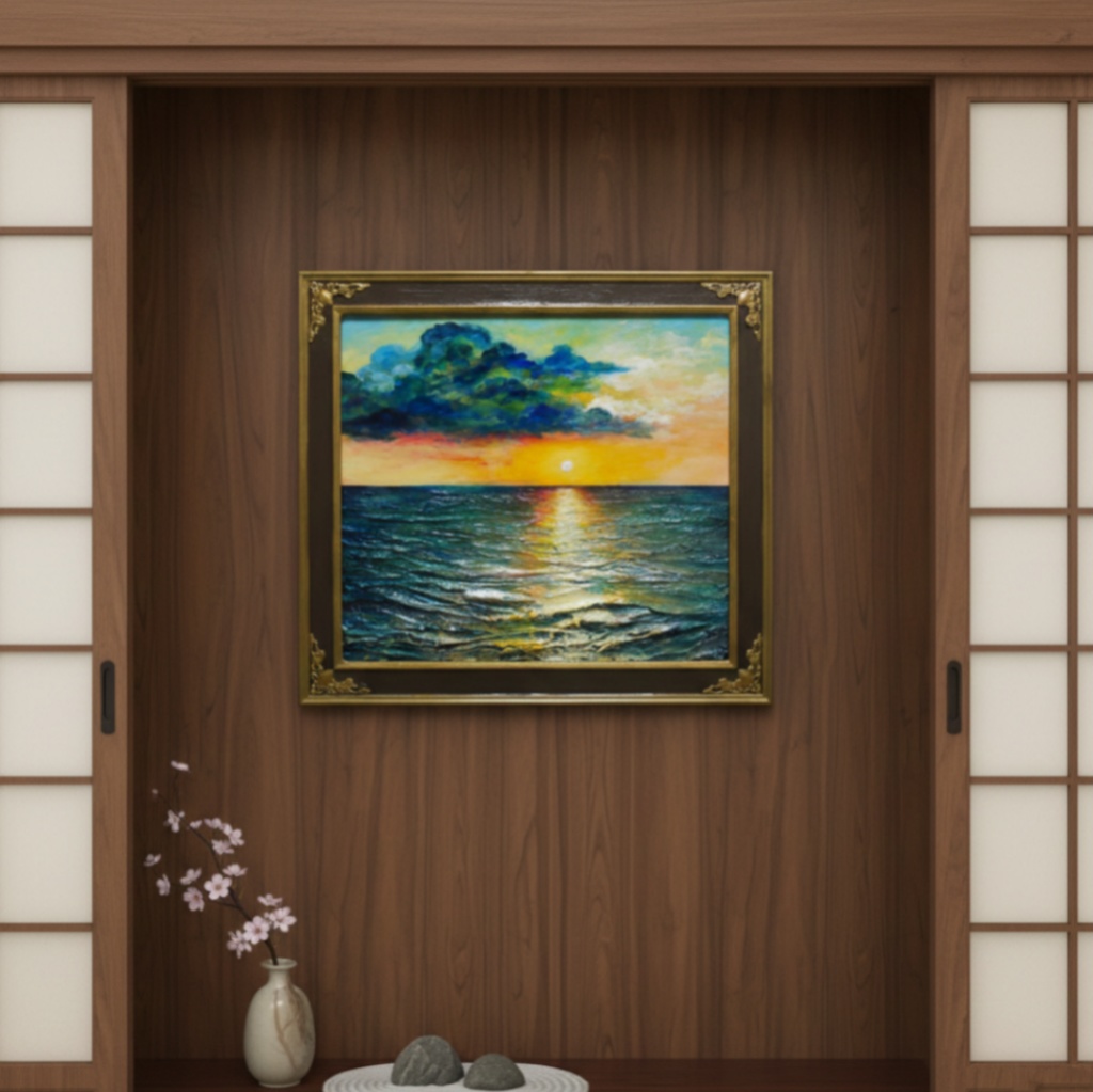 油絵【Sea at Dusk】夕暮れの海 | フレーム付 原画 玄関・寝室の彩りに
