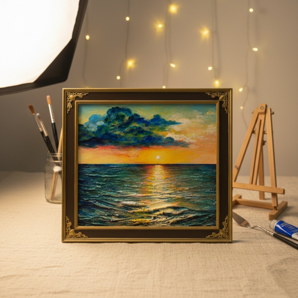 油絵【Sea at Dusk】夕暮れの海 | フレーム付 原画 玄関・寝室の彩りに