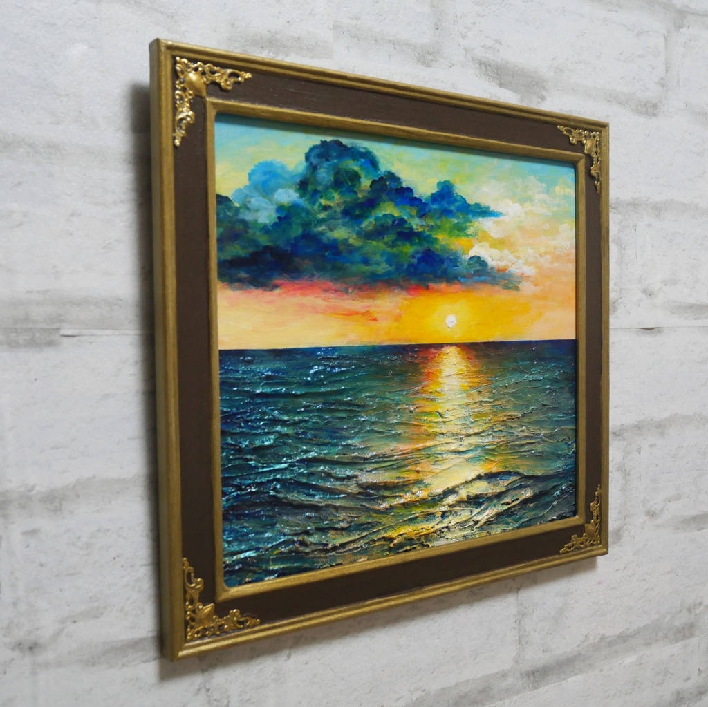 油絵【Sea at Dusk】夕暮れの海 | フレーム付 原画 玄関・寝室の彩りに