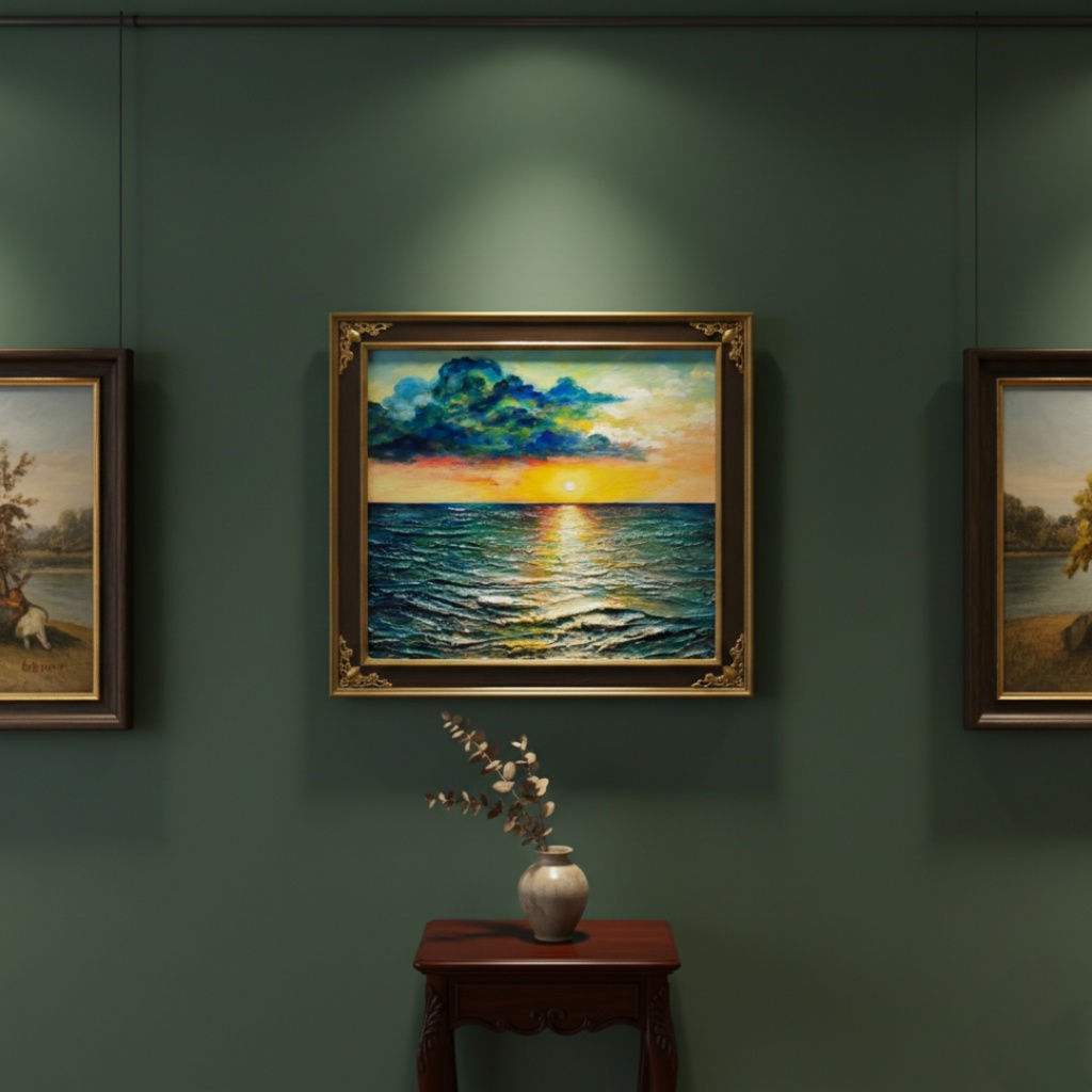 油絵【Sea at Dusk】夕暮れの海 | フレーム付 原画 玄関・寝室の彩りに