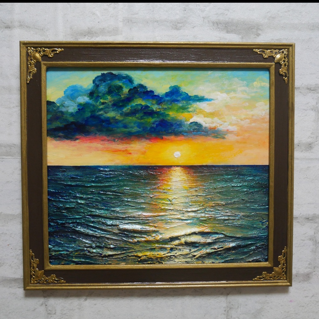 油絵【Sea at Dusk】夕暮れの海 | フレーム付 原画 玄関・寝室の彩りに
