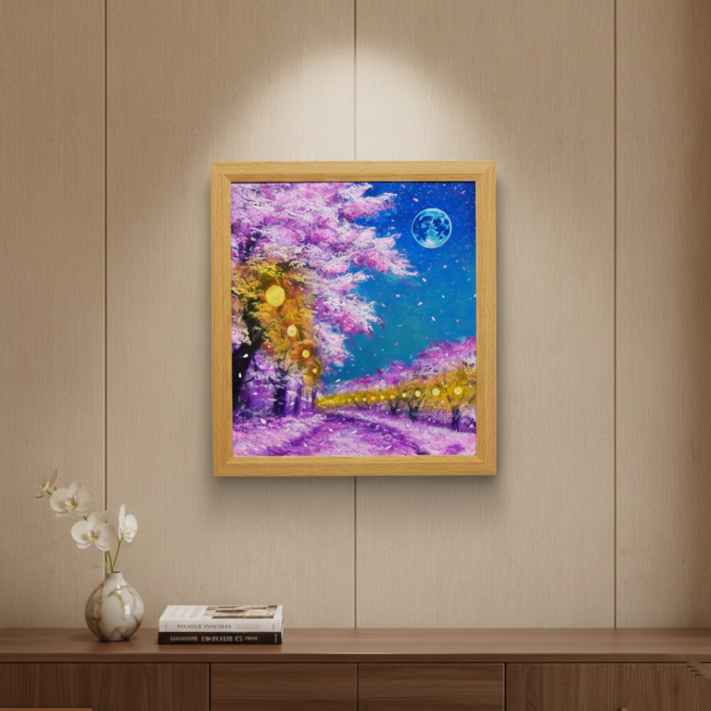 油絵 原画【夜桜と青い満月】絵画 インテリア 壁掛け 風景画