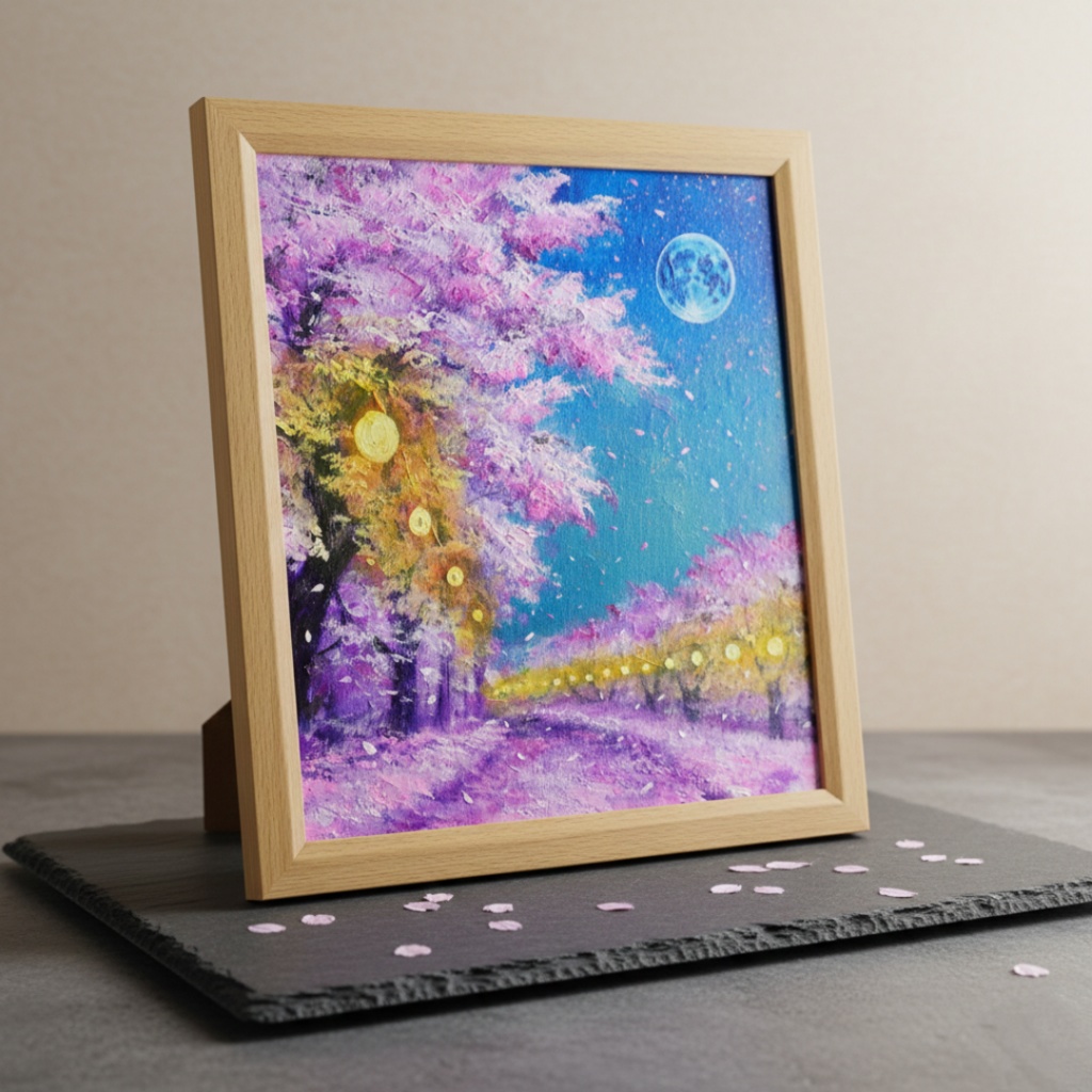 油絵 原画【夜桜と青い満月】絵画 インテリア 壁掛け 風景画