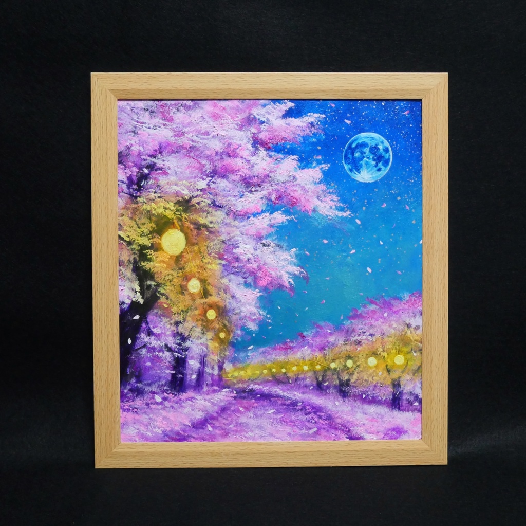 油絵 原画【夜桜と青い満月】絵画 インテリア 壁掛け 風景画