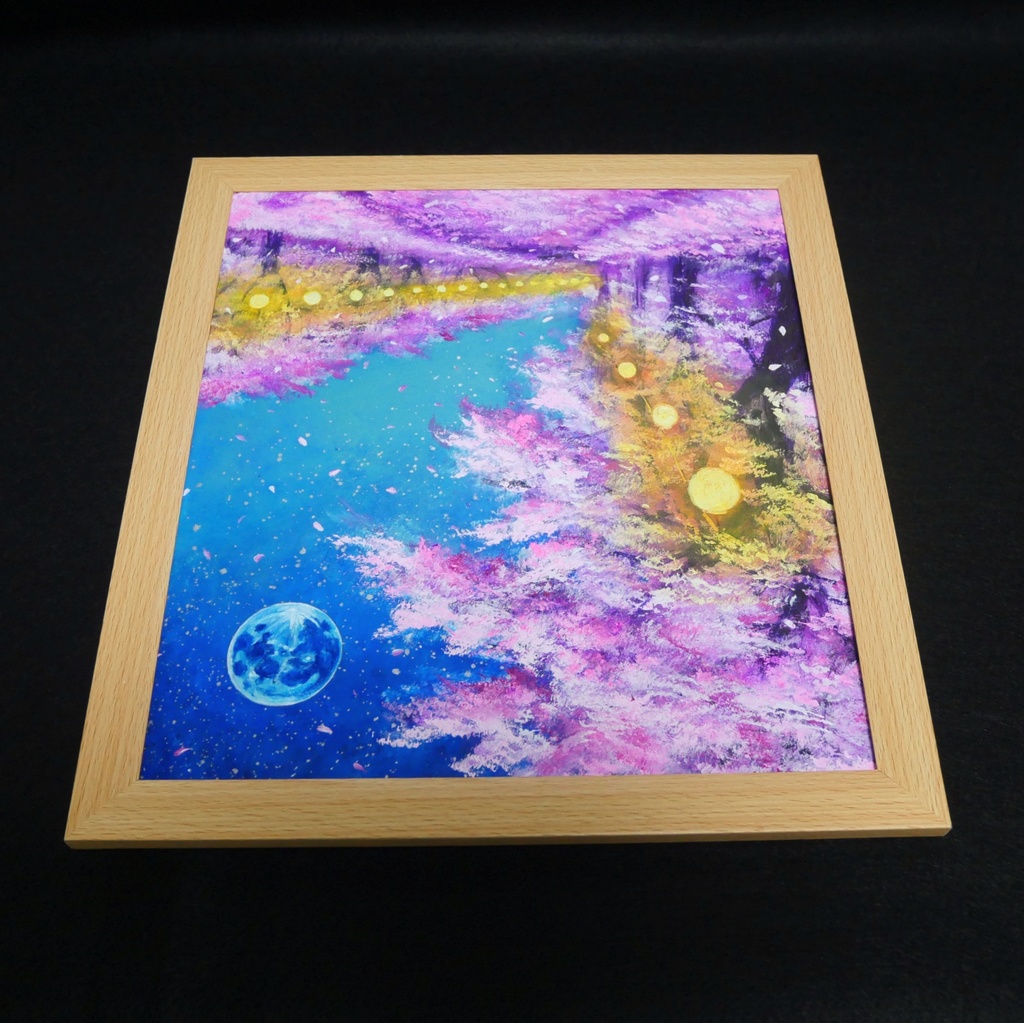 油絵 原画【夜桜と青い満月】絵画 インテリア 壁掛け 風景画