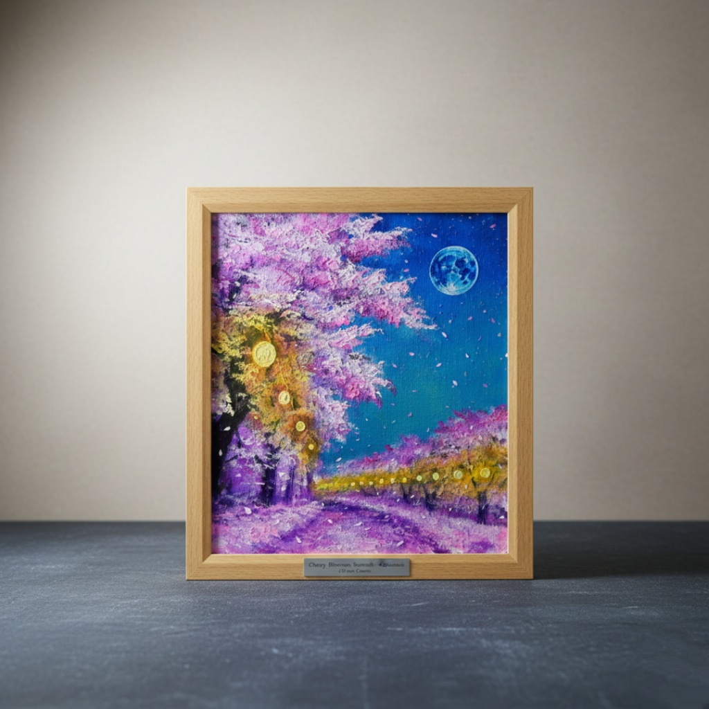 油絵 原画【夜桜と青い満月】絵画 インテリア 壁掛け 風景画