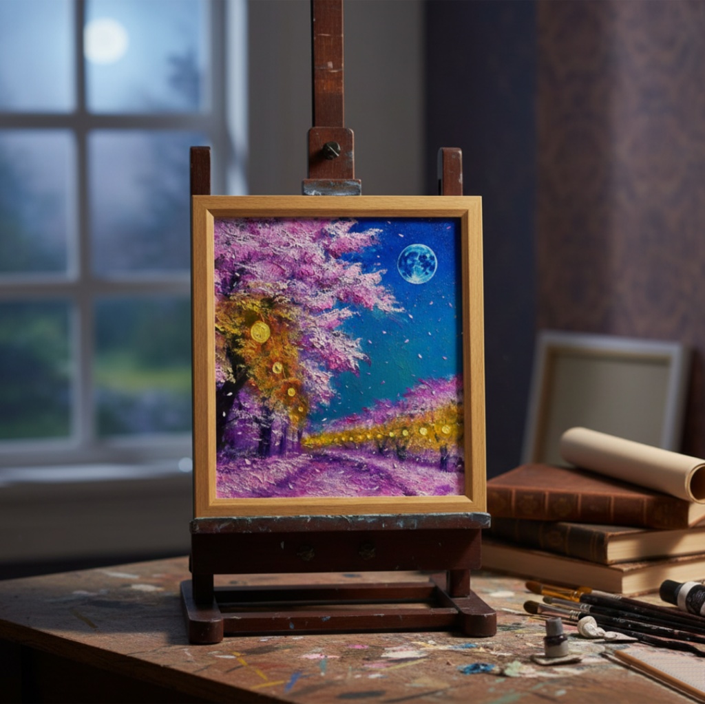 油絵 原画【夜桜と青い満月】絵画 インテリア 壁掛け 風景画