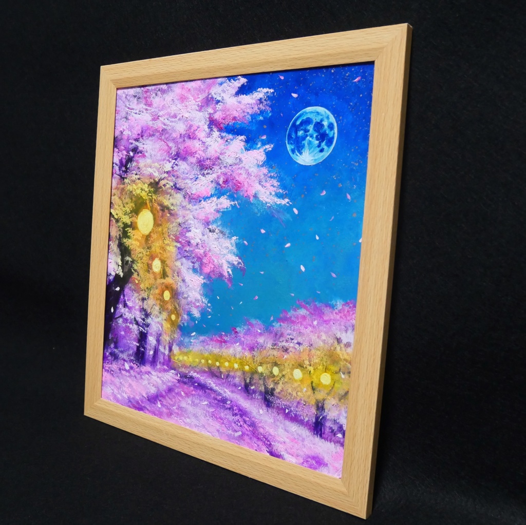 油絵 原画【夜桜と青い満月】絵画 インテリア 壁掛け 風景画