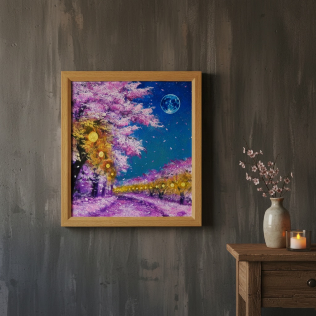 油絵 原画【夜桜と青い満月】絵画 インテリア 壁掛け 風景画