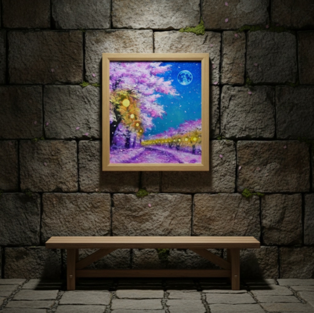 油絵 原画【夜桜と青い満月】絵画 インテリア 壁掛け 風景画