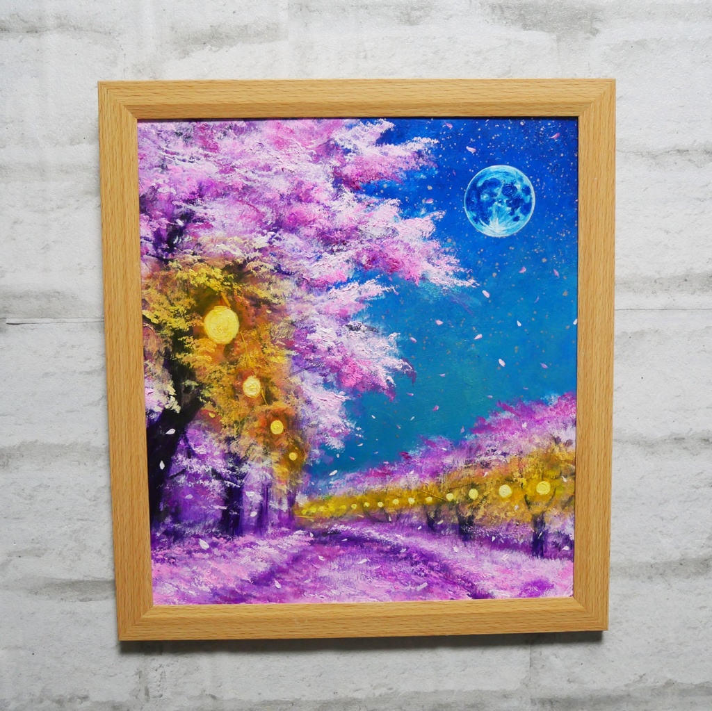 油絵 原画【夜桜と青い満月】絵画 インテリア 壁掛け 風景画