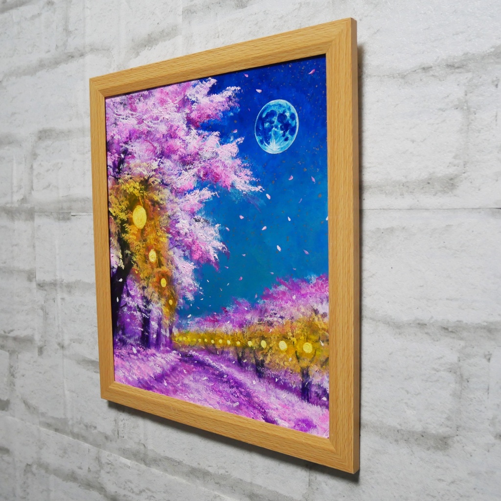 油絵 原画【夜桜と青い満月】絵画 インテリア 壁掛け 風景画