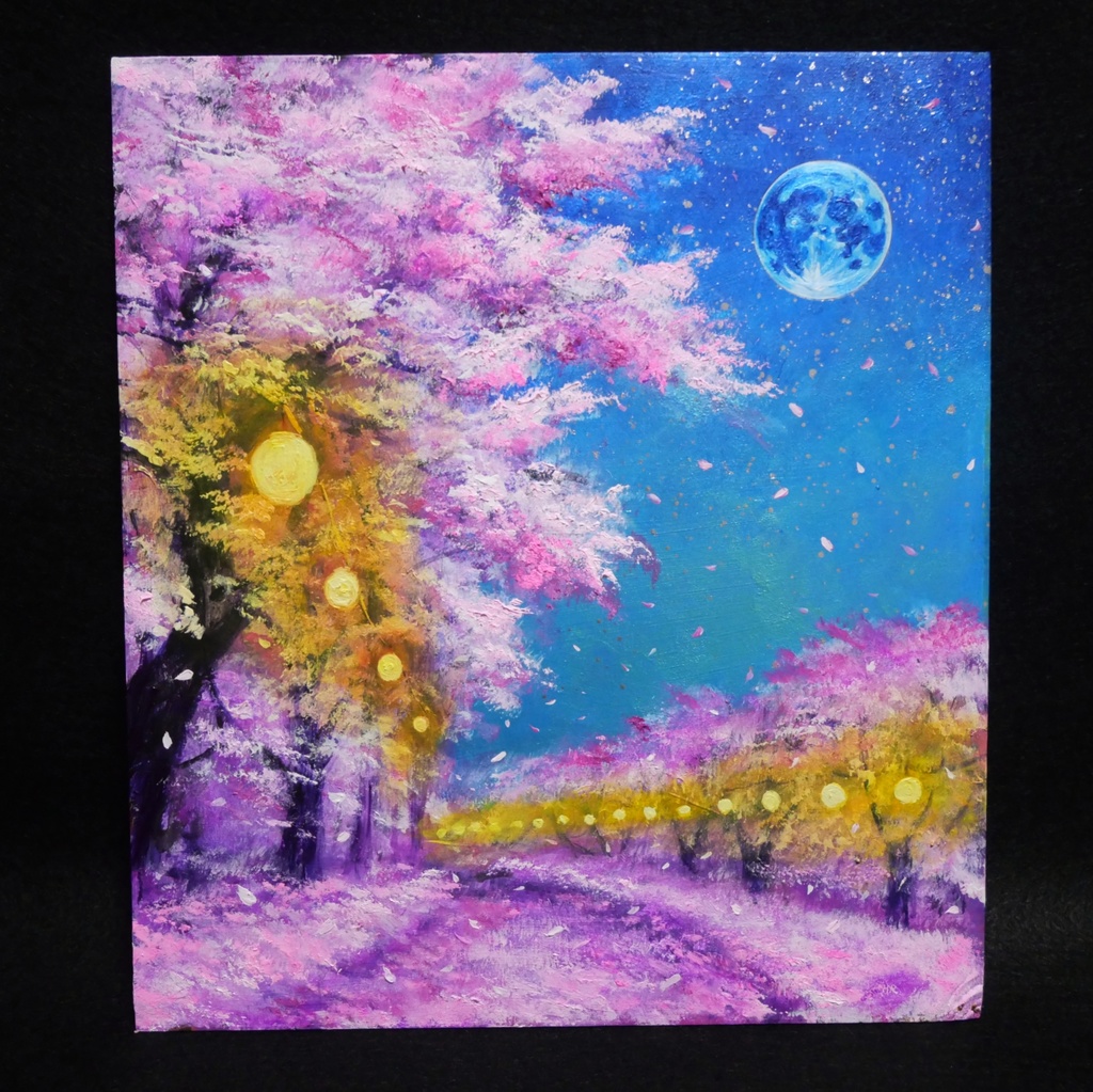 油絵 原画【夜桜と青い満月】絵画 インテリア 壁掛け 風景画
