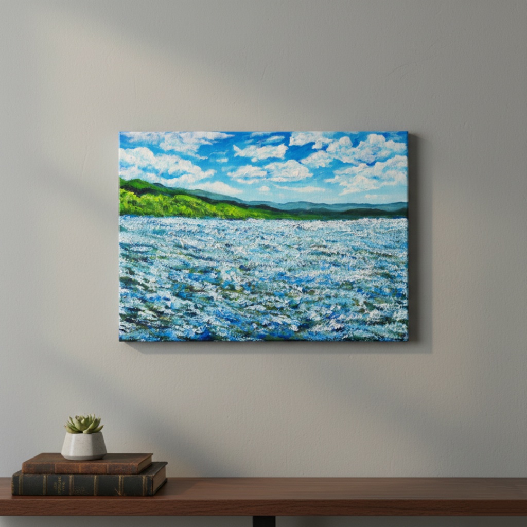 油絵 原画【蒼天と青い花】空と花畑の風景画 絵画 油彩画 インテリア 雑貨 アート 青 ブルー ナチュラル テイスト プレゼント