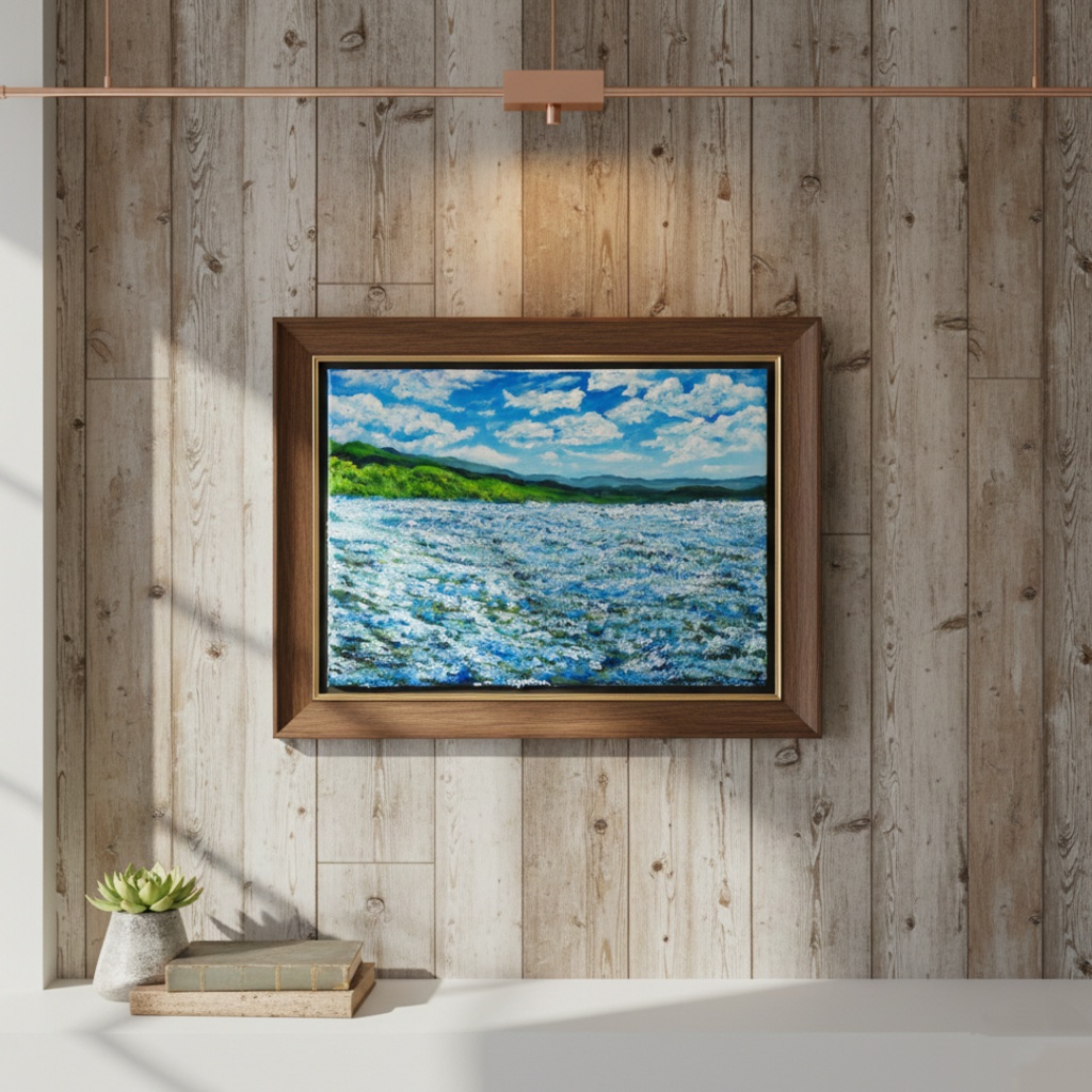 油絵 原画【蒼天と青い花】空と花畑の風景画 絵画 油彩画 インテリア 雑貨 アート 青 ブルー ナチュラル テイスト プレゼント