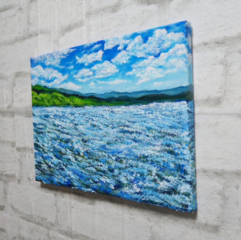 油絵 原画【蒼天と青い花】空と花畑の風景画 絵画 油彩画 インテリア 雑貨 アート 青 ブルー ナチュラル テイスト プレゼント