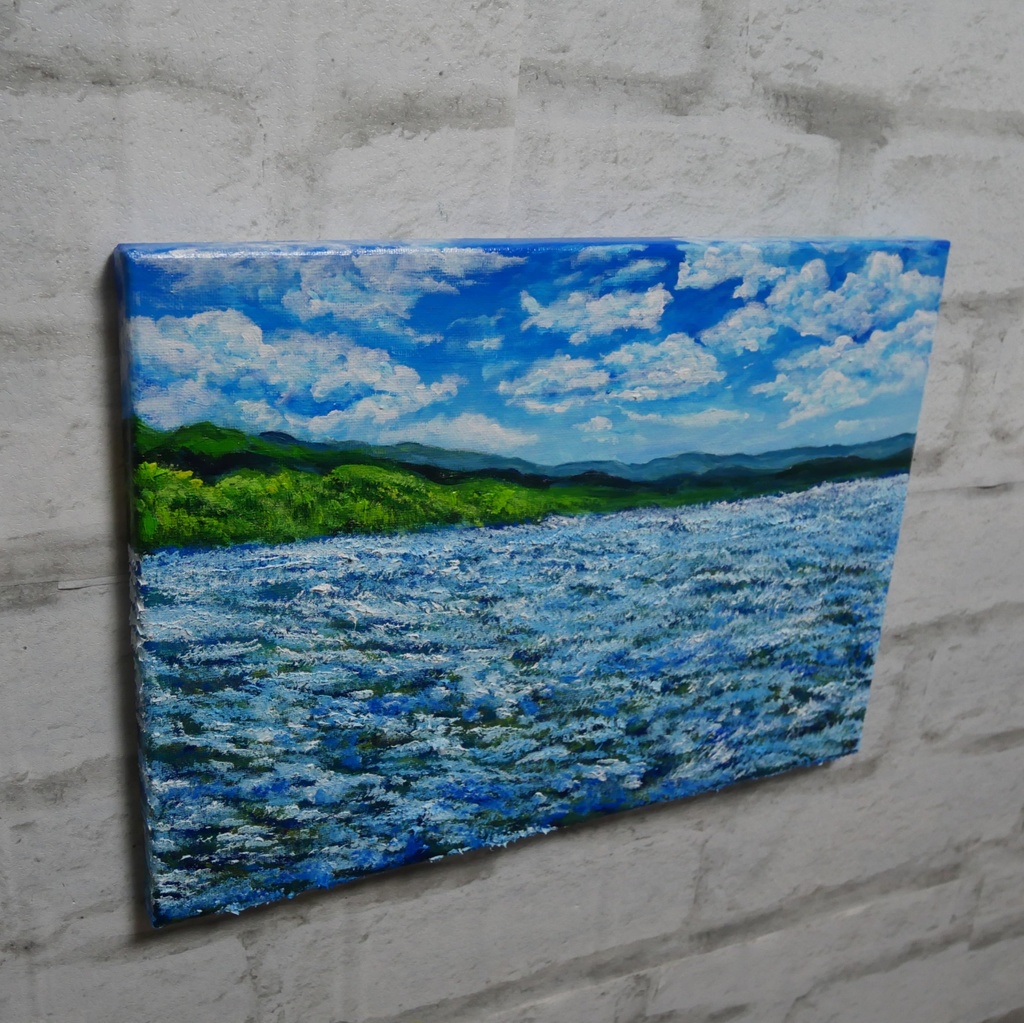 油絵 原画【蒼天と青い花】空と花畑の風景画 絵画 油彩画 インテリア 雑貨 アート 青 ブルー ナチュラル テイスト プレゼント