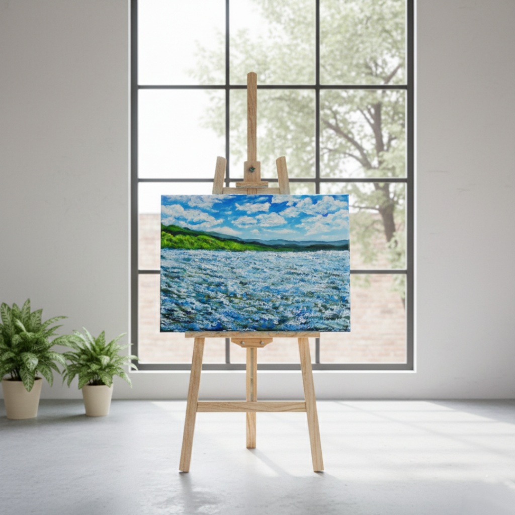 油絵 原画【蒼天と青い花】空と花畑の風景画 絵画 油彩画 インテリア 雑貨 アート 青 ブルー ナチュラル テイスト プレゼント