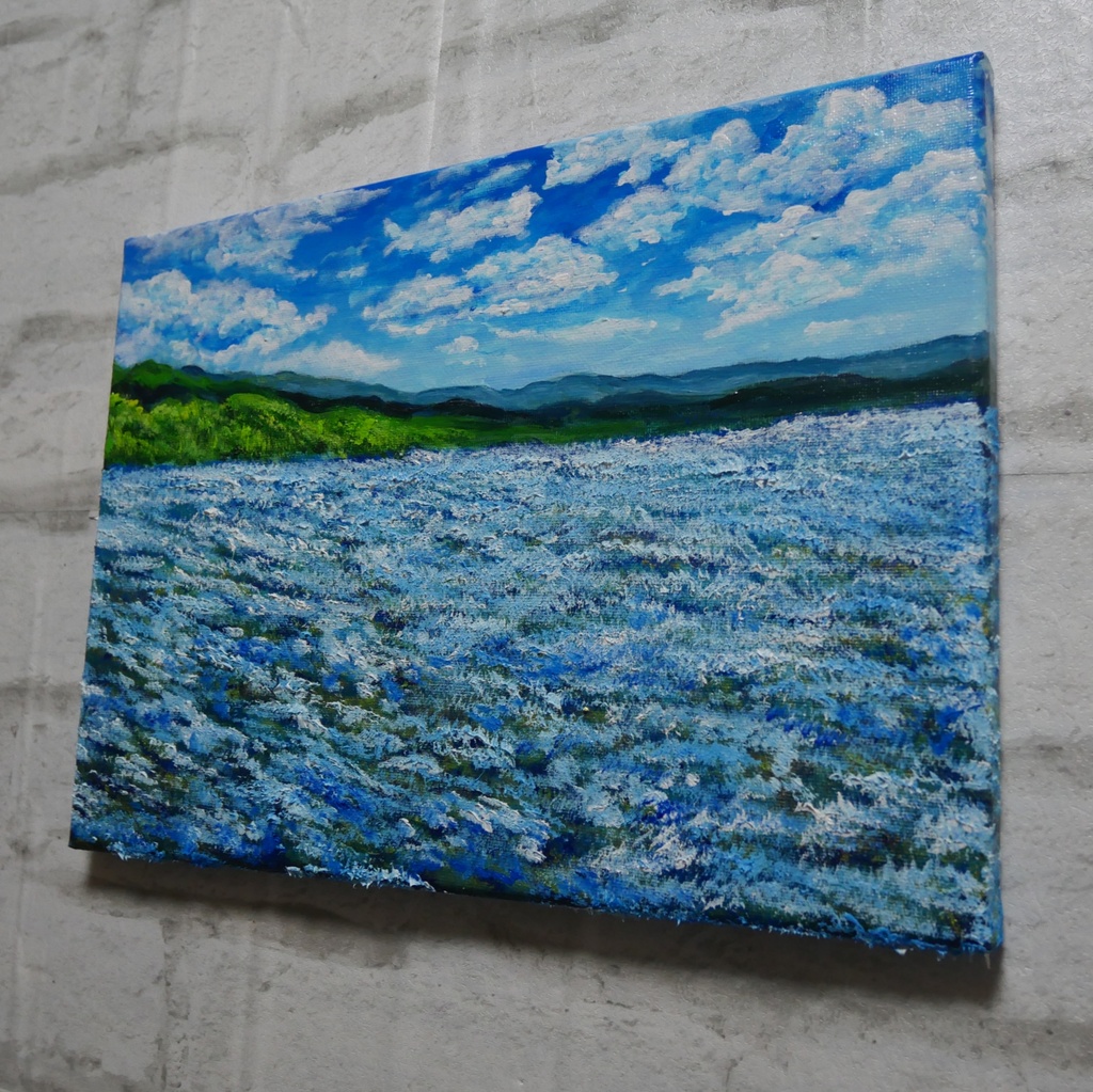 油絵 原画【蒼天と青い花】空と花畑の風景画 絵画 油彩画 インテリア 雑貨 アート 青 ブルー ナチュラル テイスト プレゼント