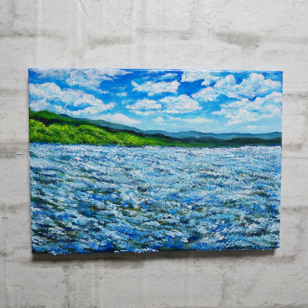 油絵 原画【蒼天と青い花】空と花畑の風景画 絵画 油彩画 インテリア 雑貨 アート 青 ブルー ナチュラル テイスト プレゼント