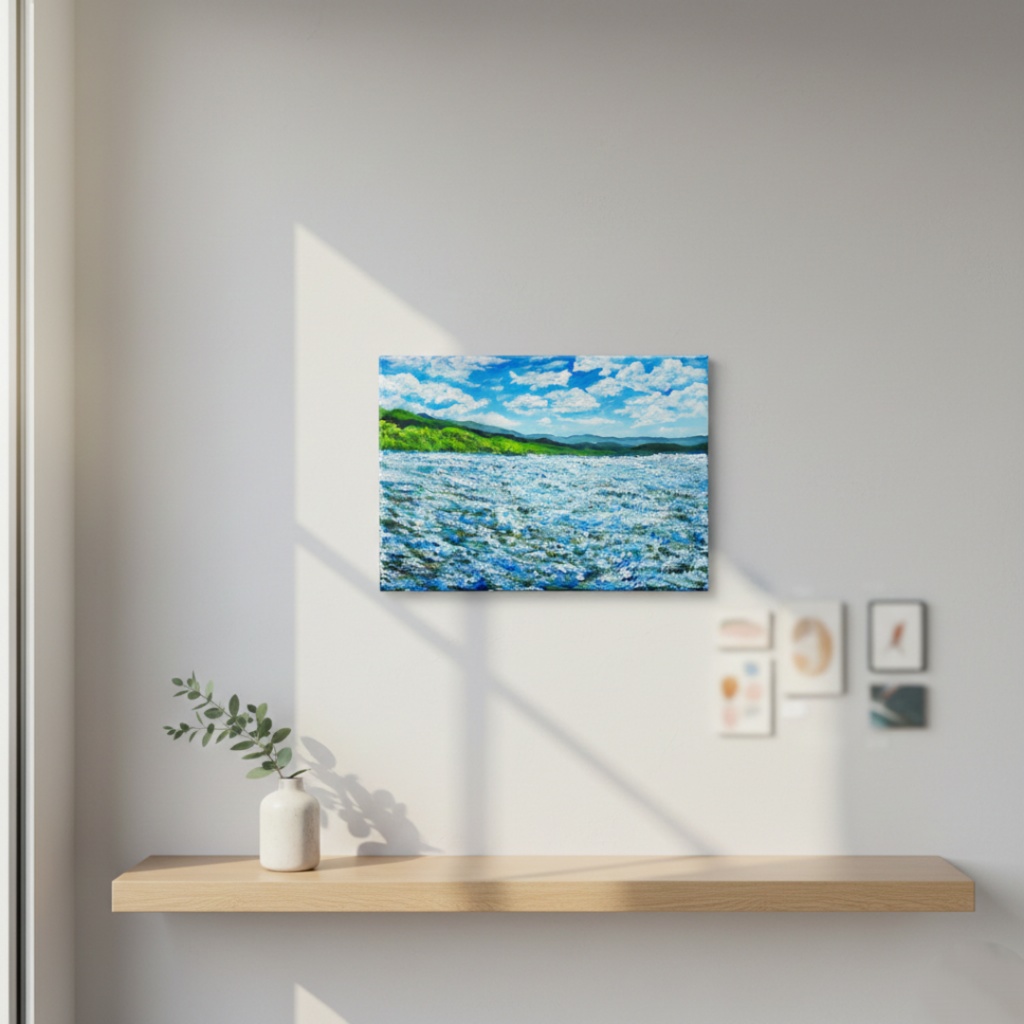 油絵 原画【蒼天と青い花】空と花畑の風景画 絵画 油彩画 インテリア 雑貨 アート 青 ブルー ナチュラル テイスト プレゼント