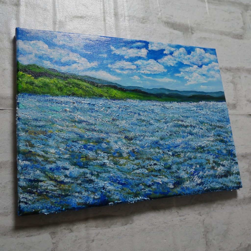 油絵 原画【蒼天と青い花】空と花畑の風景画 絵画 油彩画 インテリア 雑貨 アート 青 ブルー ナチュラル テイスト プレゼント