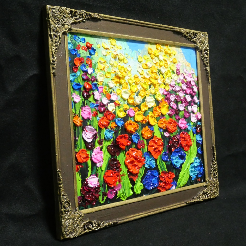 【原画】油絵「colorful flower garden」色紙/ 鮮やかな花畑の風景画 リビングや玄関に飾る花の絵 額縁あり