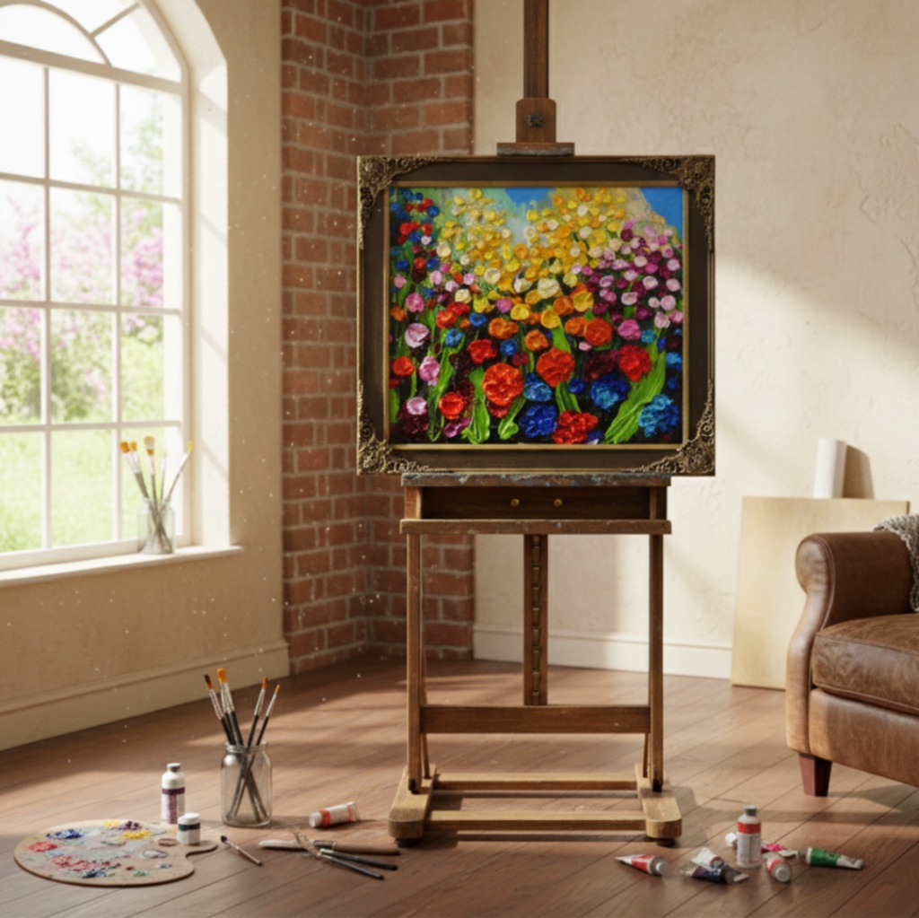 【原画】油絵「colorful flower garden」色紙/ 鮮やかな花畑の風景画 リビングや玄関に飾る花の絵 額縁あり