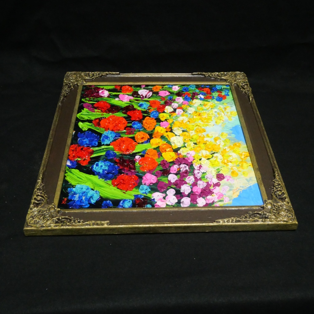 【原画】油絵「colorful flower garden」色紙/ 鮮やかな花畑の風景画 リビングや玄関に飾る花の絵 額縁あり