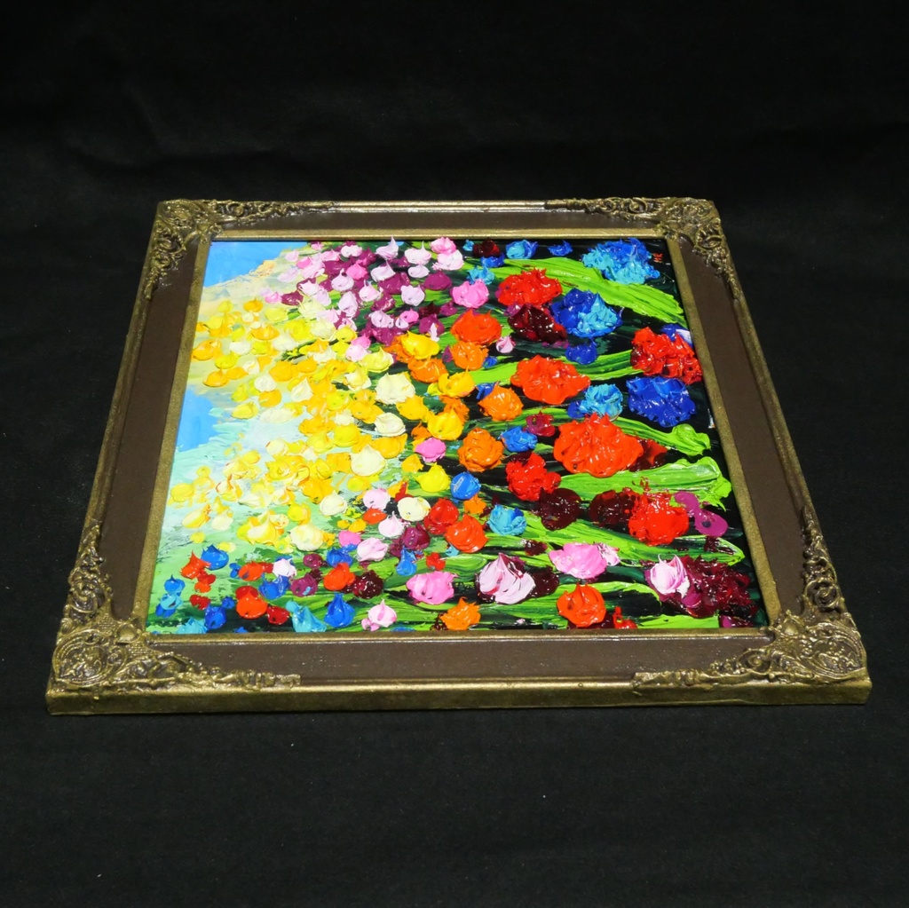 【原画】油絵「colorful flower garden」色紙/ 鮮やかな花畑の風景画 リビングや玄関に飾る花の絵 額縁あり