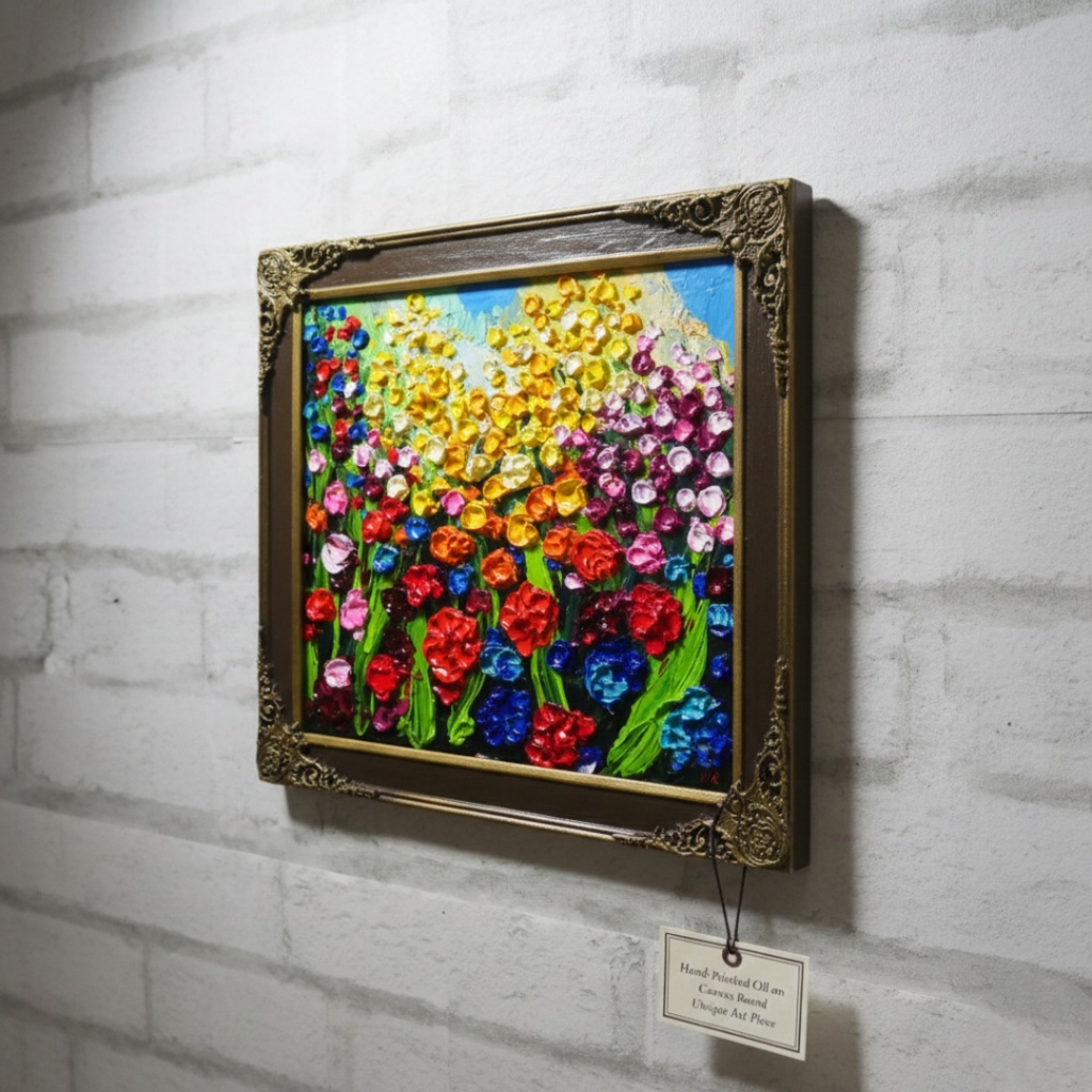 【原画】油絵「colorful flower garden」色紙/ 鮮やかな花畑の風景画 リビングや玄関に飾る花の絵 額縁あり