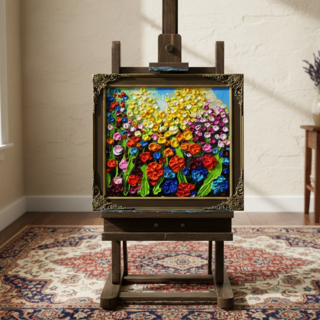 【原画】油絵「colorful flower garden」色紙/ 鮮やかな花畑の風景画 リビングや玄関に飾る花の絵 額縁あり