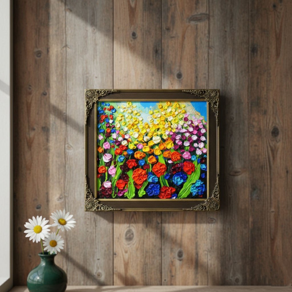 【原画】油絵「colorful flower garden」色紙/ 鮮やかな花畑の風景画 リビングや玄関に飾る花の絵 額縁あり