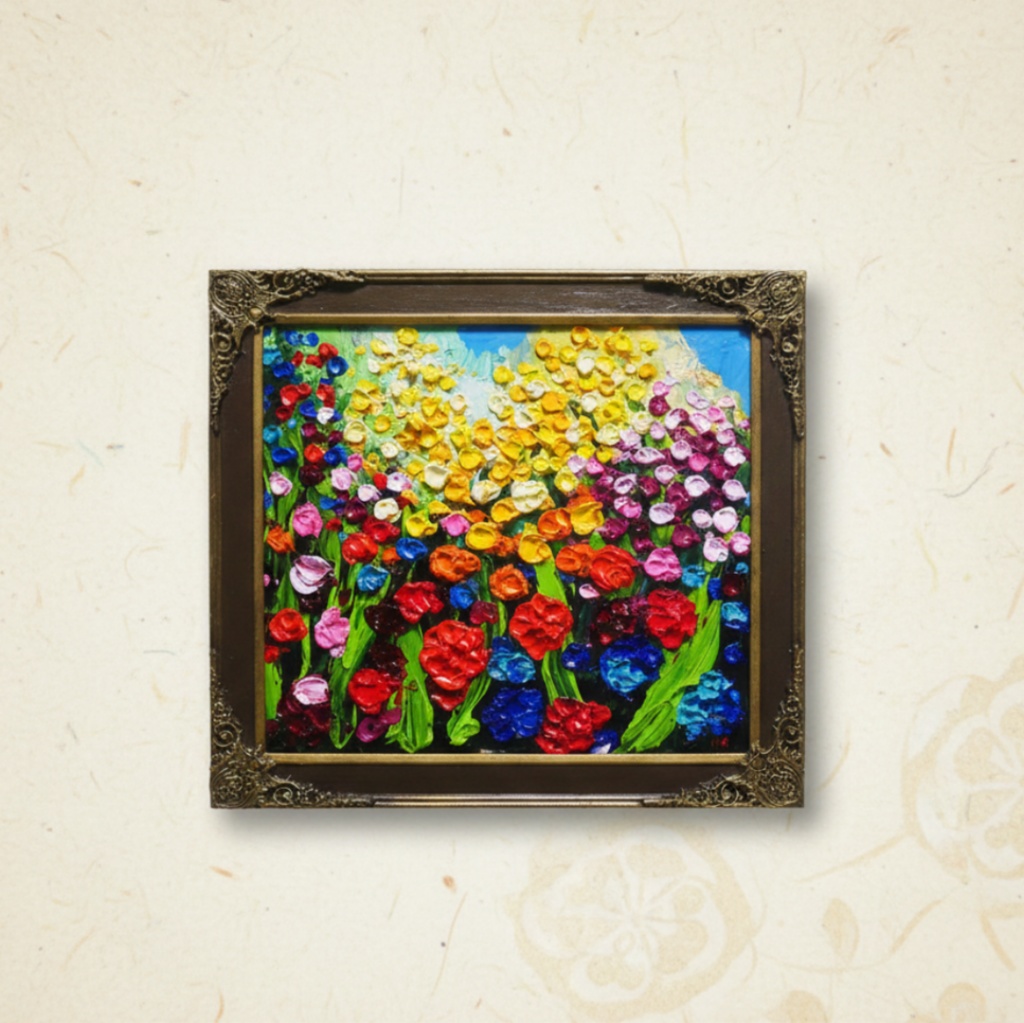 【原画】油絵「colorful flower garden」色紙/ 鮮やかな花畑の風景画 リビングや玄関に飾る花の絵 額縁あり