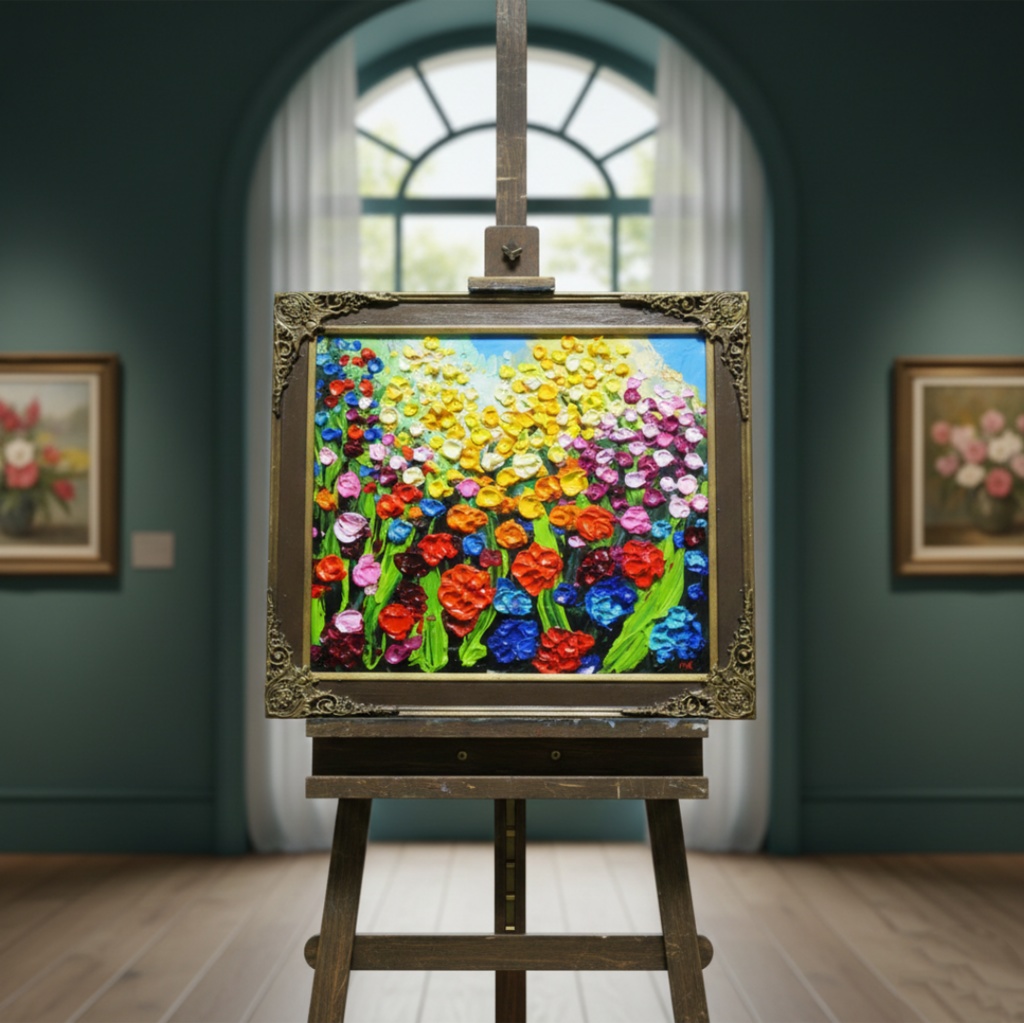 【原画】油絵「colorful flower garden」色紙/ 鮮やかな花畑の風景画 リビングや玄関に飾る花の絵 額縁あり