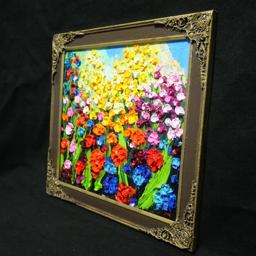 【原画】油絵「colorful flower garden」色紙/ 鮮やかな花畑の風景画 リビングや玄関に飾る花の絵 額縁あり